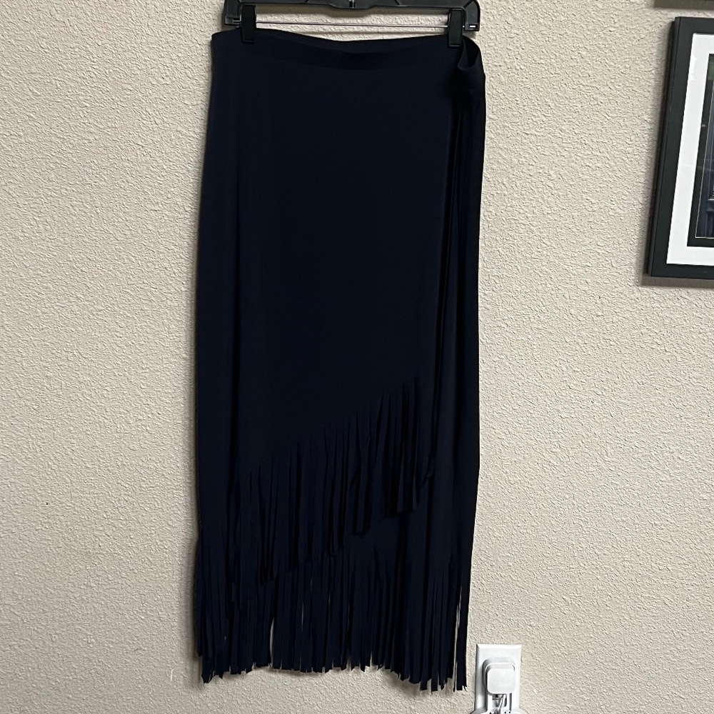 Chico's Navy Pull On Tiered Fringe Faux Wrap Skirt Chico's sz 2; Women's Size 16